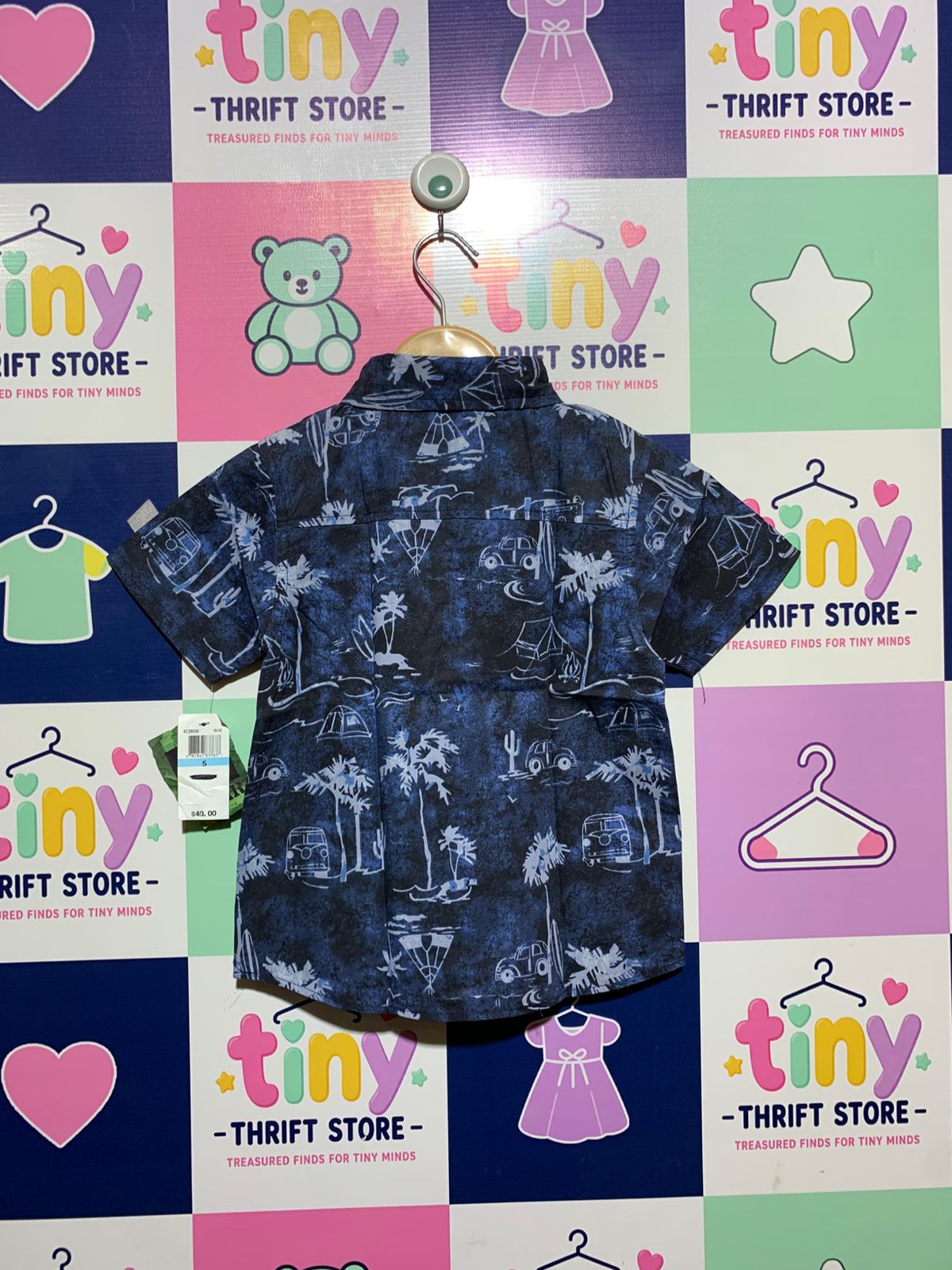 Boyz Wear Navy Blue "Tropical Adventure" Short Sleeve Button-Down Shirt - Size Estimated Age 5 Years AB1