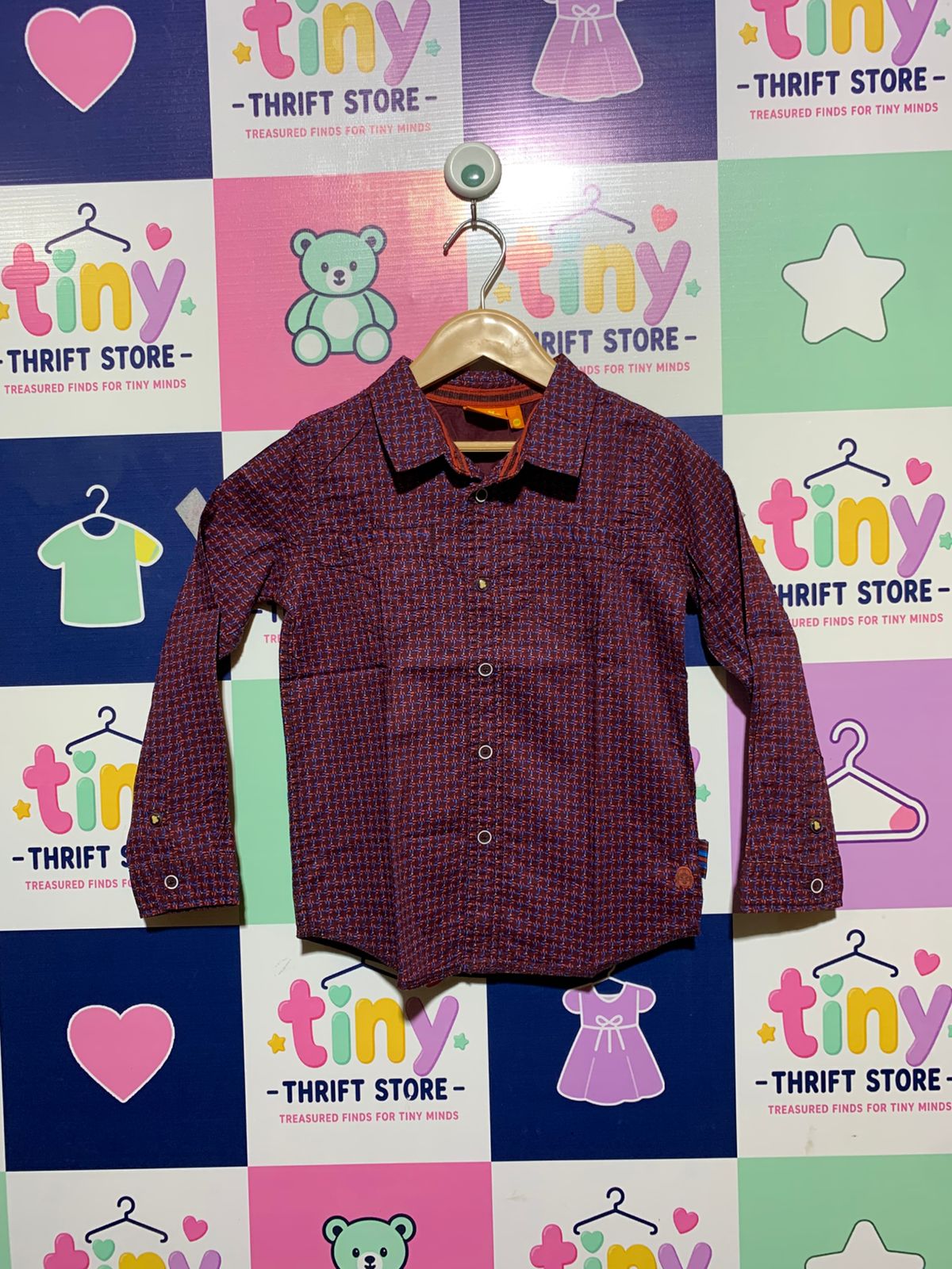 River Island Boys Plum Purple Geometric Print Long-Sleeve Shirt - Size Estimated Age 5-6 Years AB1