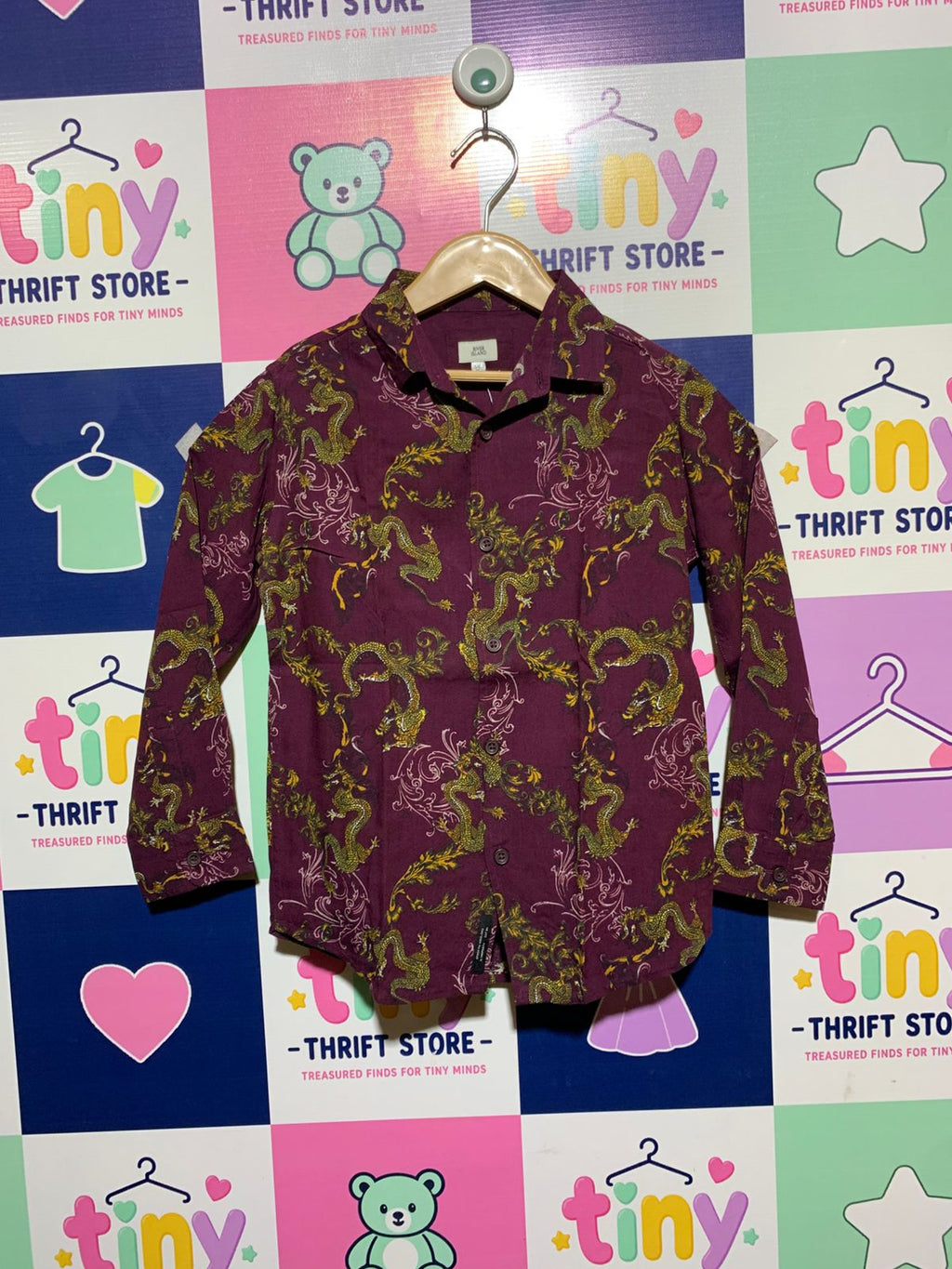 River Island Boys Maroon Dragon Print Button-Down Shirt - Size 116 (Estimated Age 5-6Y) AB1