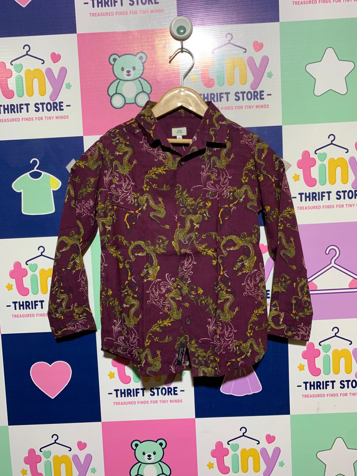 River Island Boys Maroon Dragon Print Button-Down Shirt - Size 116 (Estimated Age 5-6Y) AB1