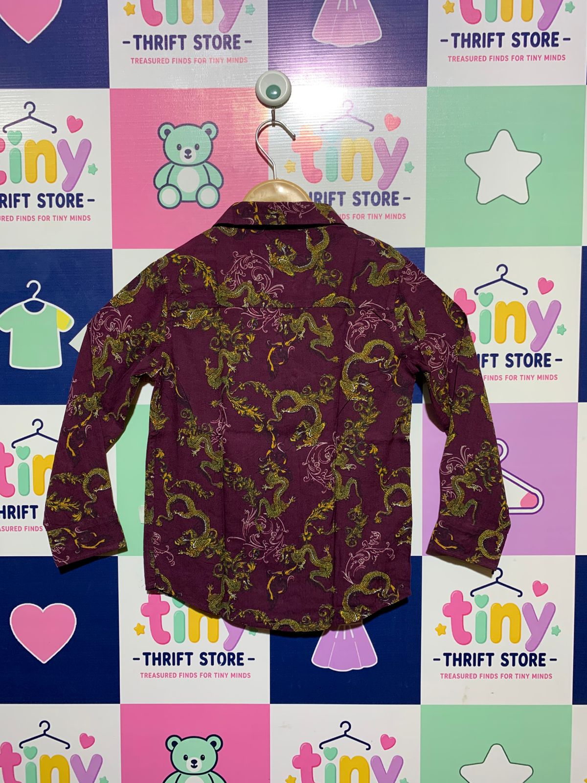River Island Boys Maroon Dragon Print Button-Down Shirt - Size 116 (Estimated Age 5-6Y) AB1