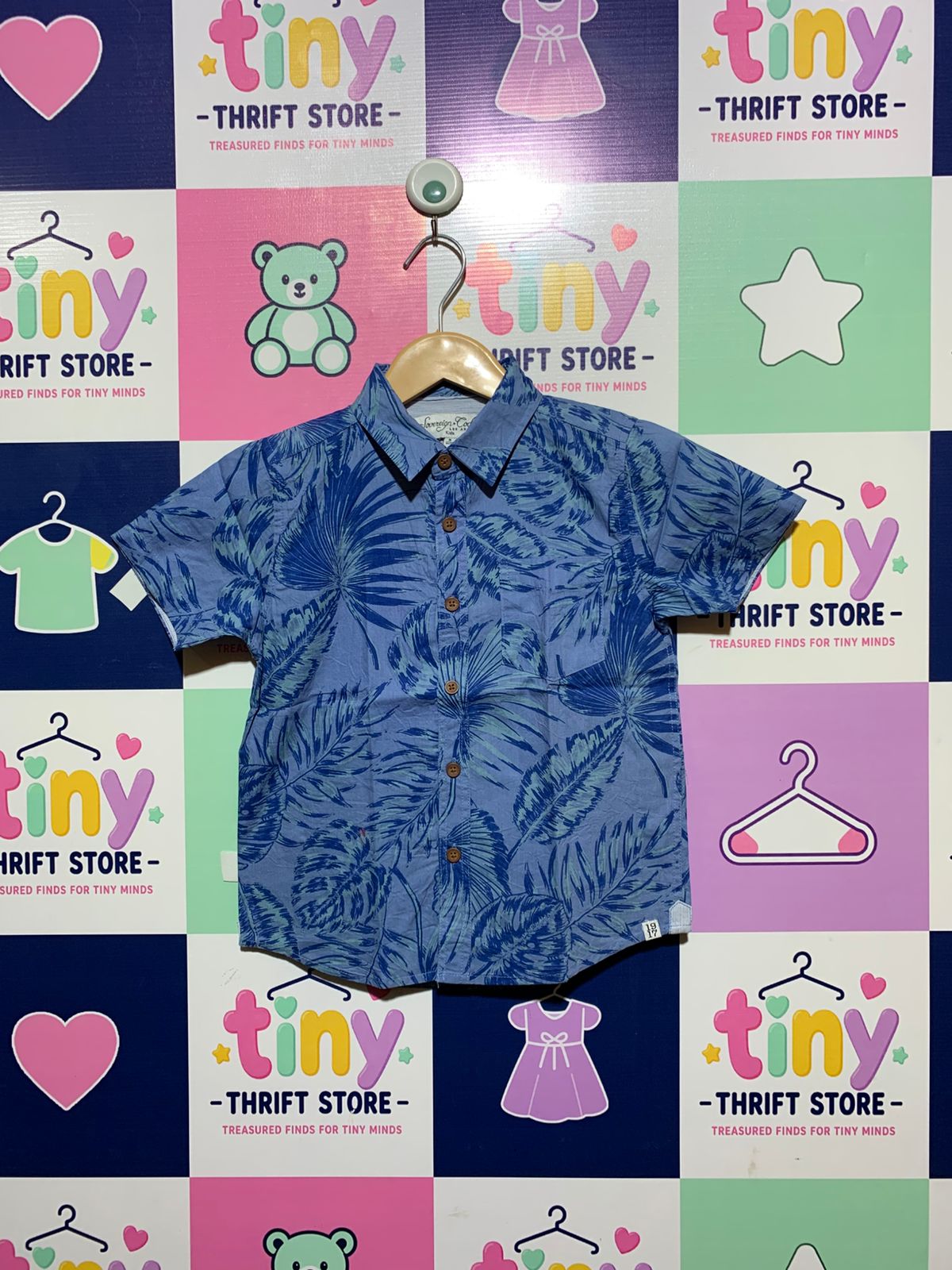 Sovereign Code Boys Blue "Tropical Palm Leaf" Short Sleeve Button-Down Shirt - Size 5 AB1