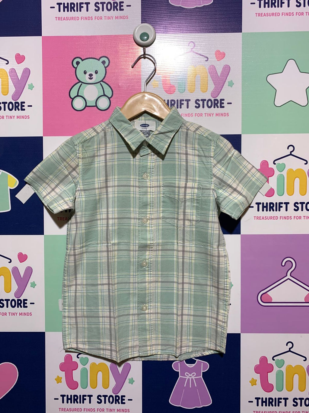 Old Navy Boys Sage Green Plaid Short-Sleeve Button-Down Shirt - Size XS (5) AB1