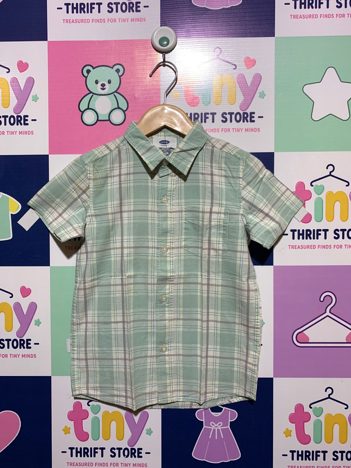 Old Navy Boys Sage Green Plaid Short-Sleeve Button-Down Shirt - Size XS (5) AB1