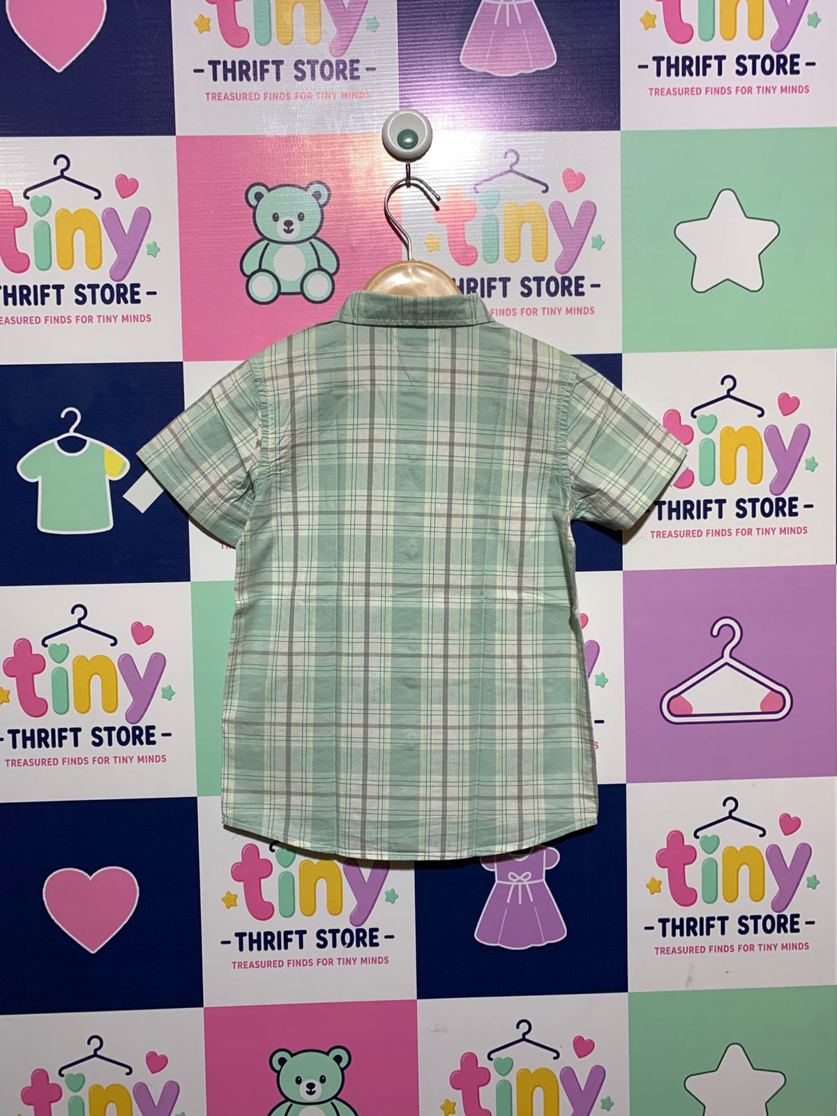 Old Navy Boys Sage Green Plaid Short-Sleeve Button-Down Shirt - Size XS (5) AB1