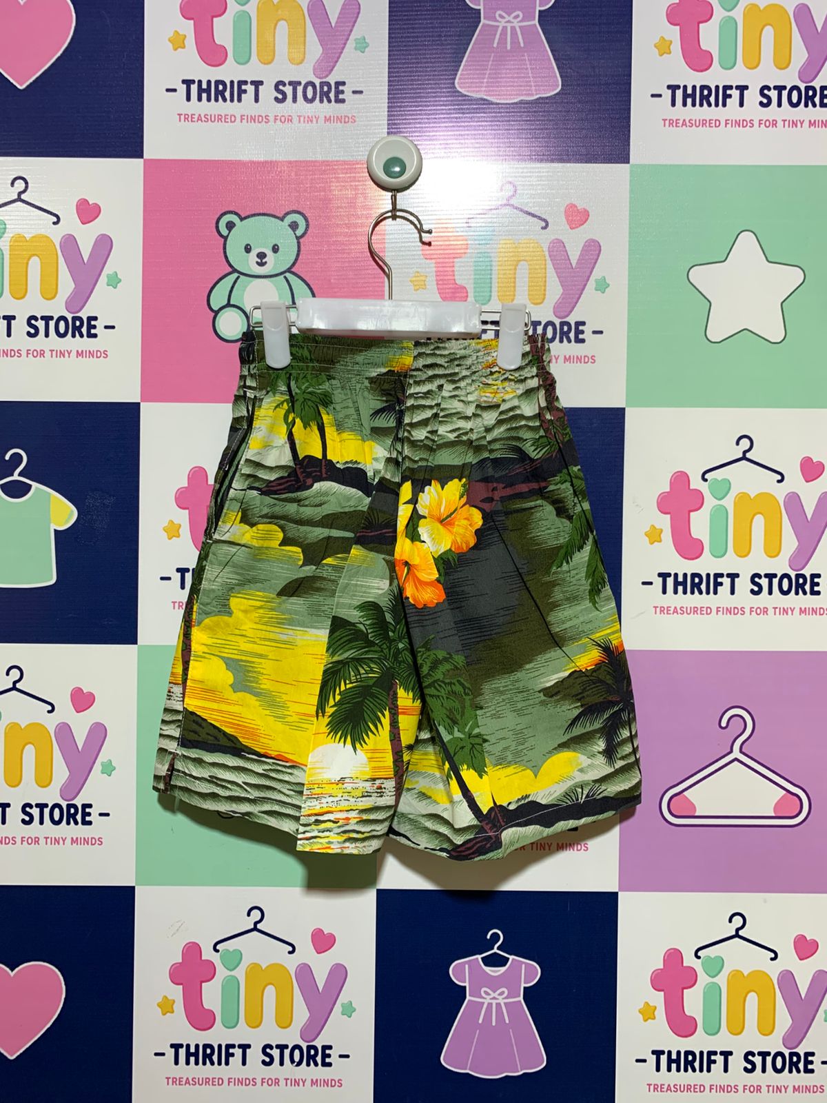 Boys Tropical Hawaiian Sunset & Palm Tree Cotton Shorts - Size Estimated Age 14-16Y (XL) AB1