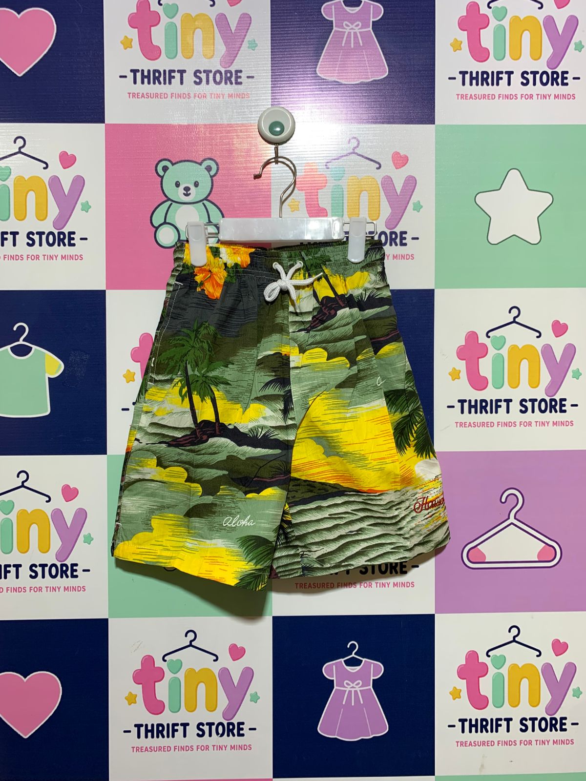 Boys Tropical Hawaiian Sunset & Palm Tree Cotton Shorts - Size Estimated Age 14-16Y (XL) AB1