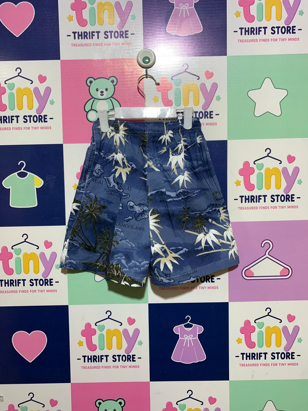 Boys Blue Hawaii Tropical Map Print Cotton Shorts - Size Estimated Age 7 o 8 Y (Large) AB1