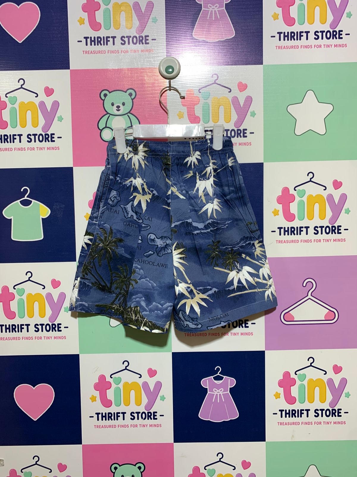 Boys Blue Hawaii Tropical Map Print Cotton Shorts - Size Estimated Age 7 o 8 Y (Large) AB1