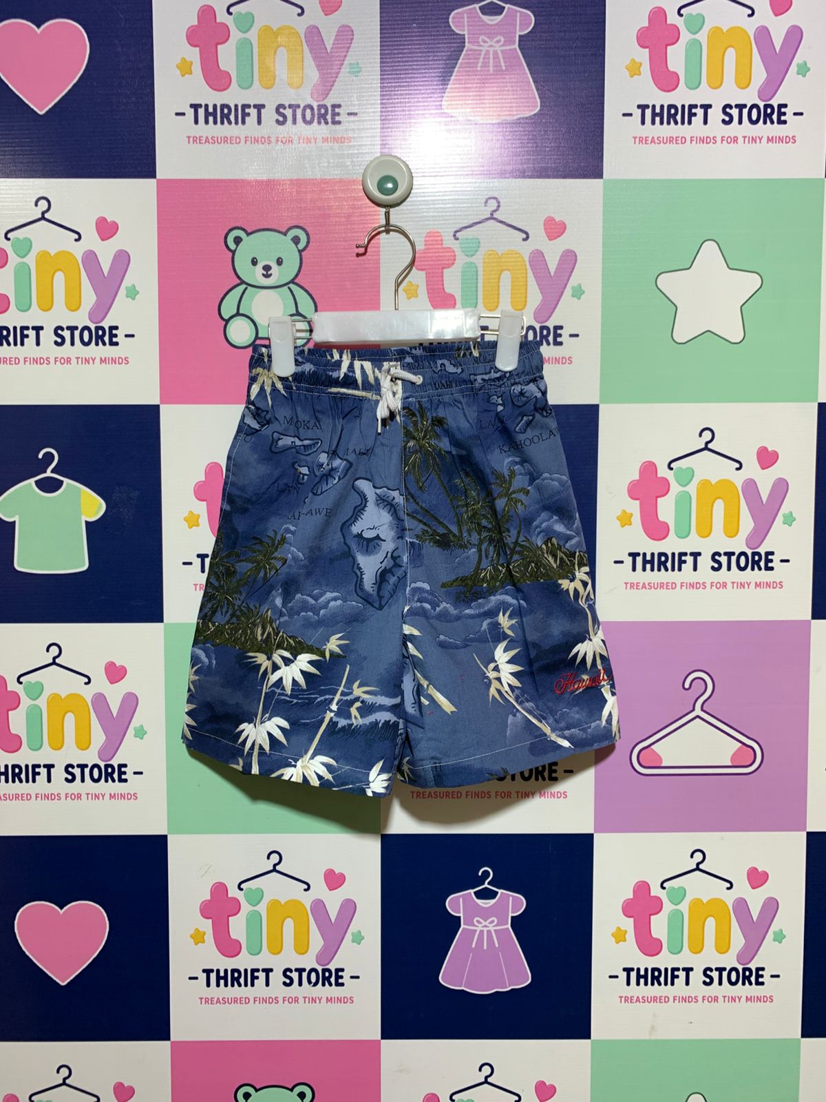 Boys Blue Hawaii Tropical Map Print Cotton Shorts - Size Estimated Age 7 o 8 Y (Large) AB1