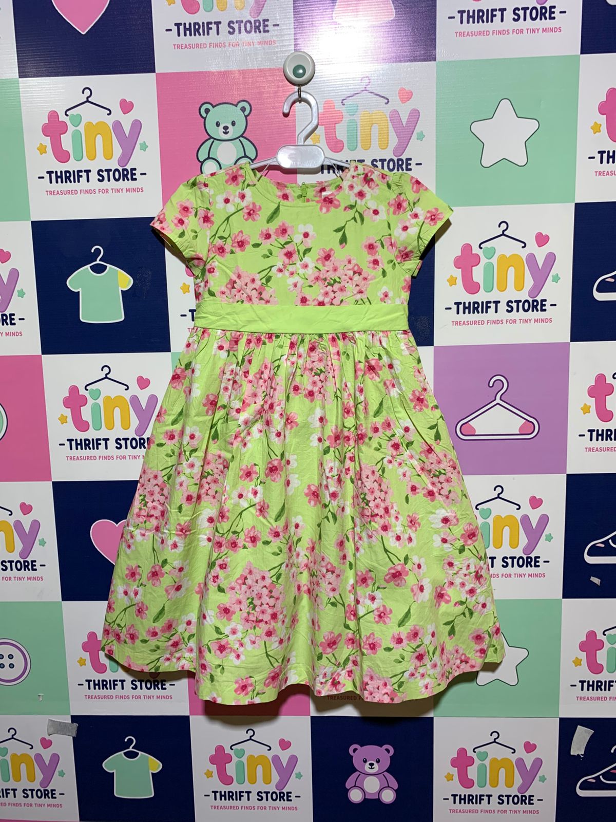 Gymboree Girls Lime Green Pink Floral Cotton Party Dress - Size Estimated Age 8 Years AB1