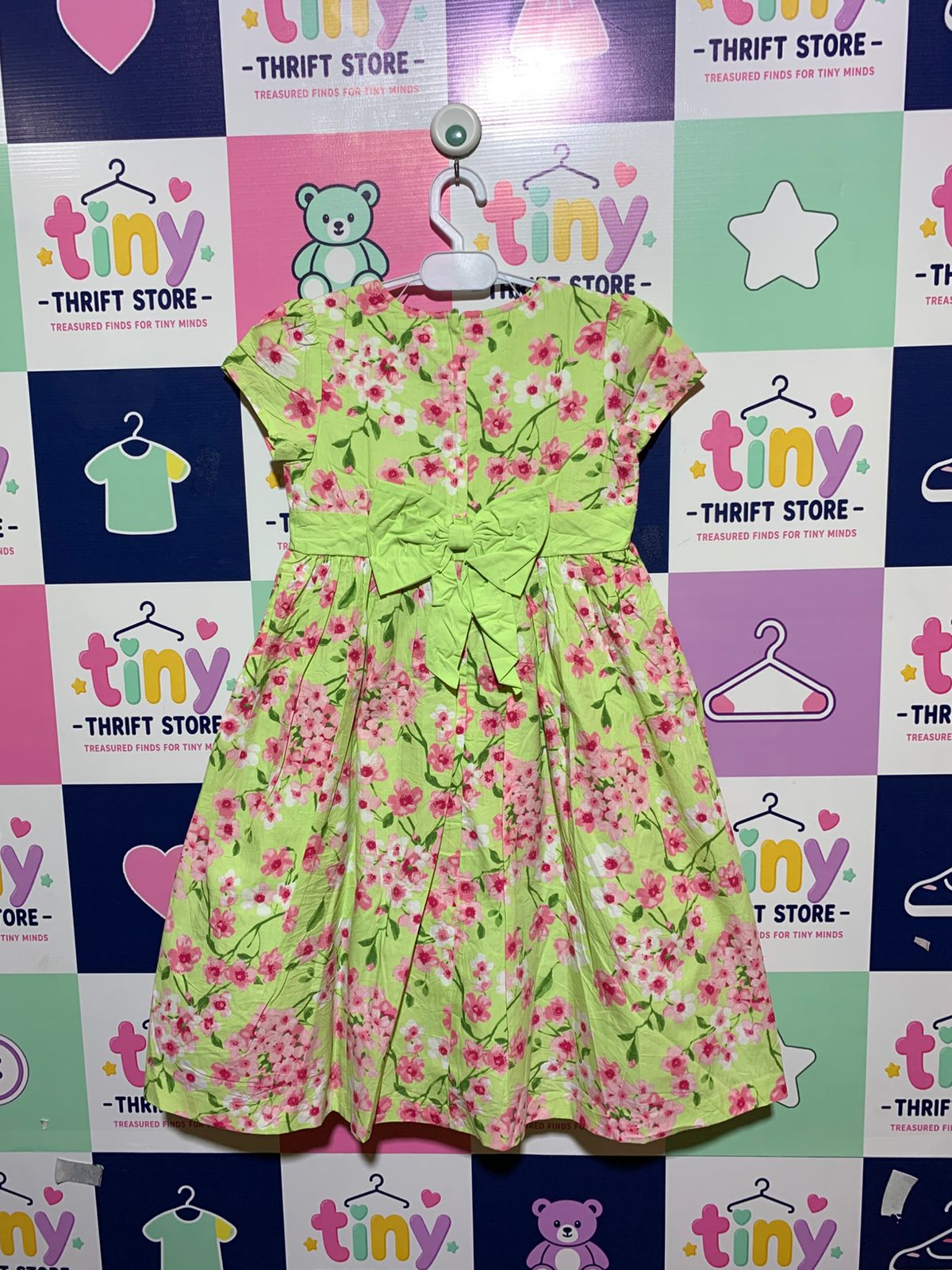 Gymboree Girls Lime Green Pink Floral Cotton Party Dress - Size Estimated Age 8 Years AB1