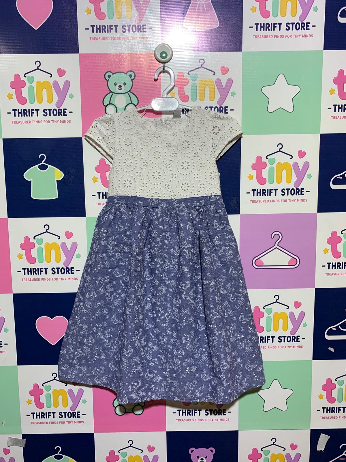 Topolino Girls White Eyelet & Blue Butterfly Cotton Dress - Size Estimated Age 8 Years AB1