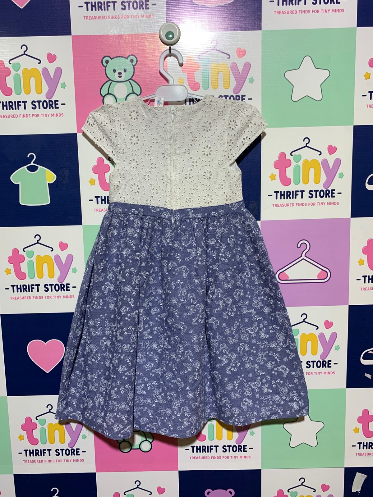 Topolino Girls White Eyelet & Blue Butterfly Cotton Dress - Size Estimated Age 8 Years AB1