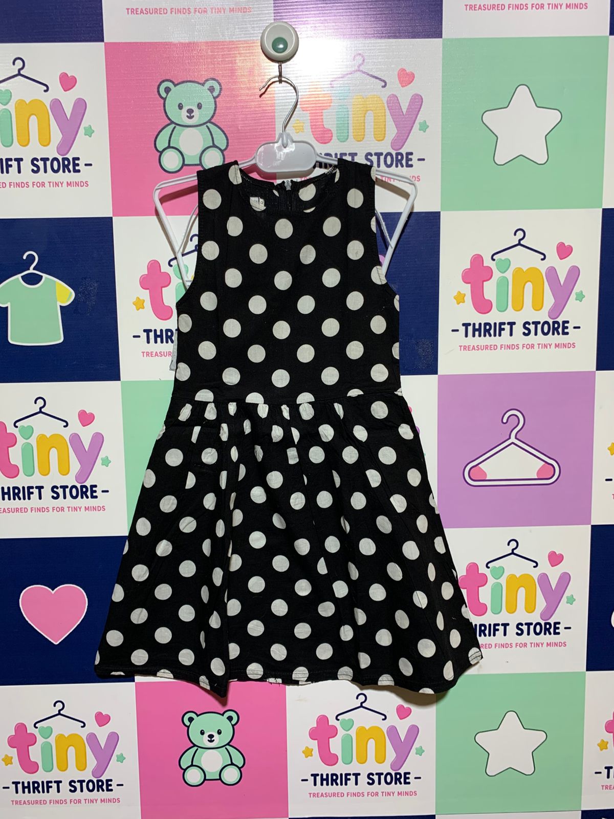 Qing Qing Fashion Girls Black & White Polka Dot Sleeveless Dress - Size Estimated Age 8 Years AB1