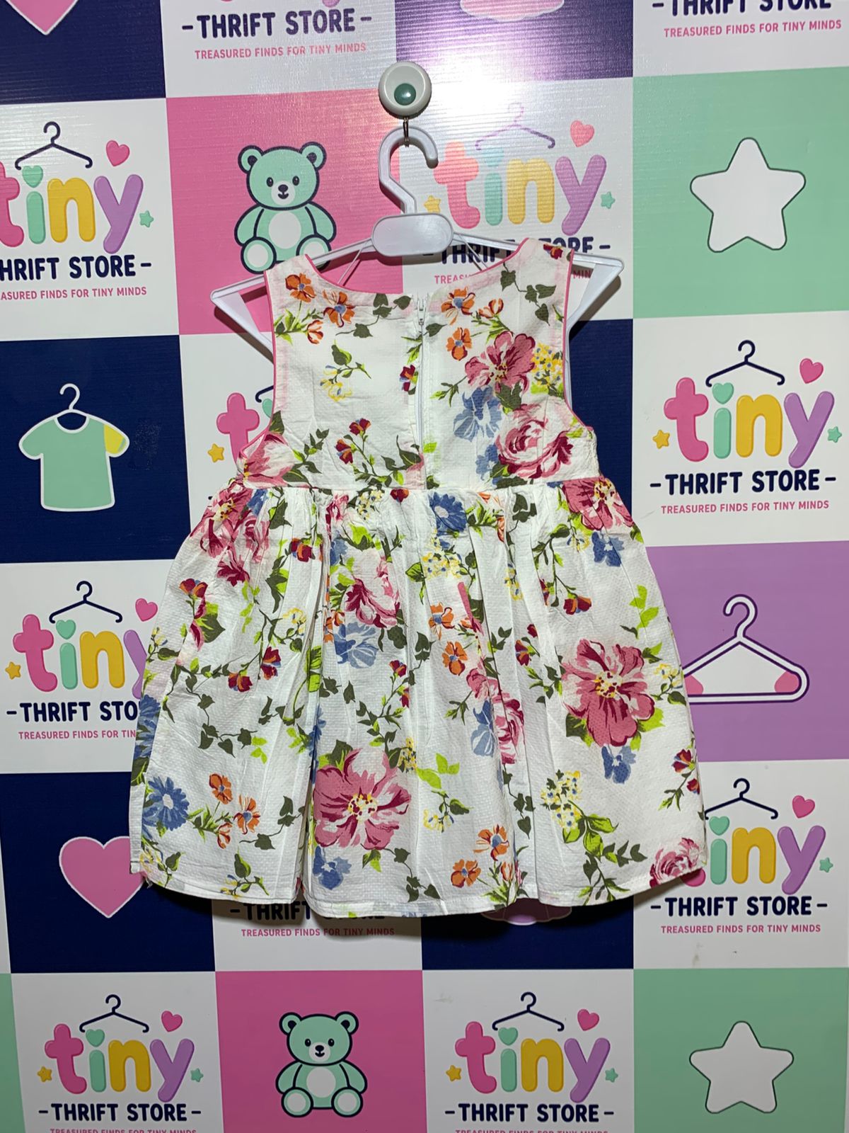 The Children's Place Girls White Pink Floral Sleeveless Cotton Dress - Size Estimated Age 8 Years AB1