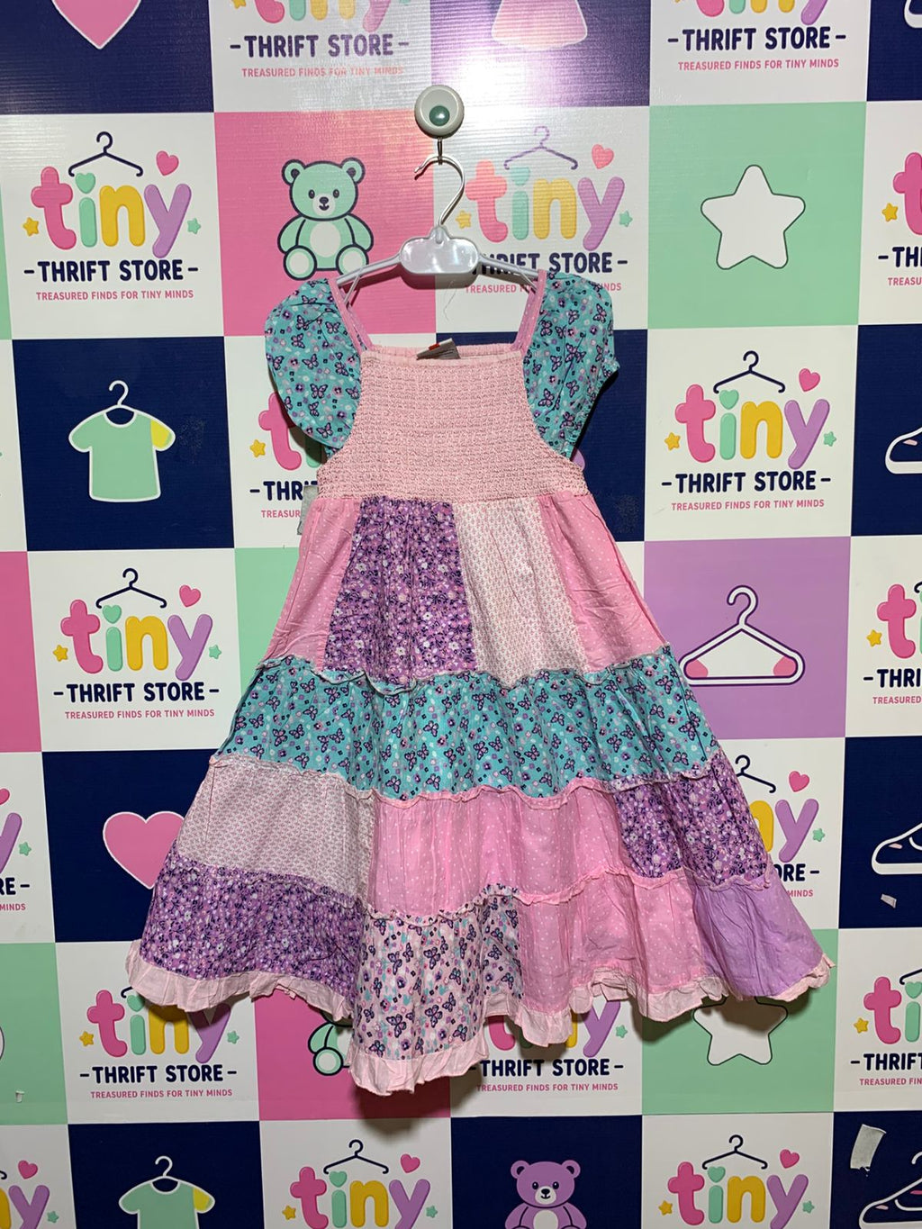 Topolino Girls Pink & Purple Patchwork Smocked Tiered Dress - Size Estimated Age 7 Years AB1