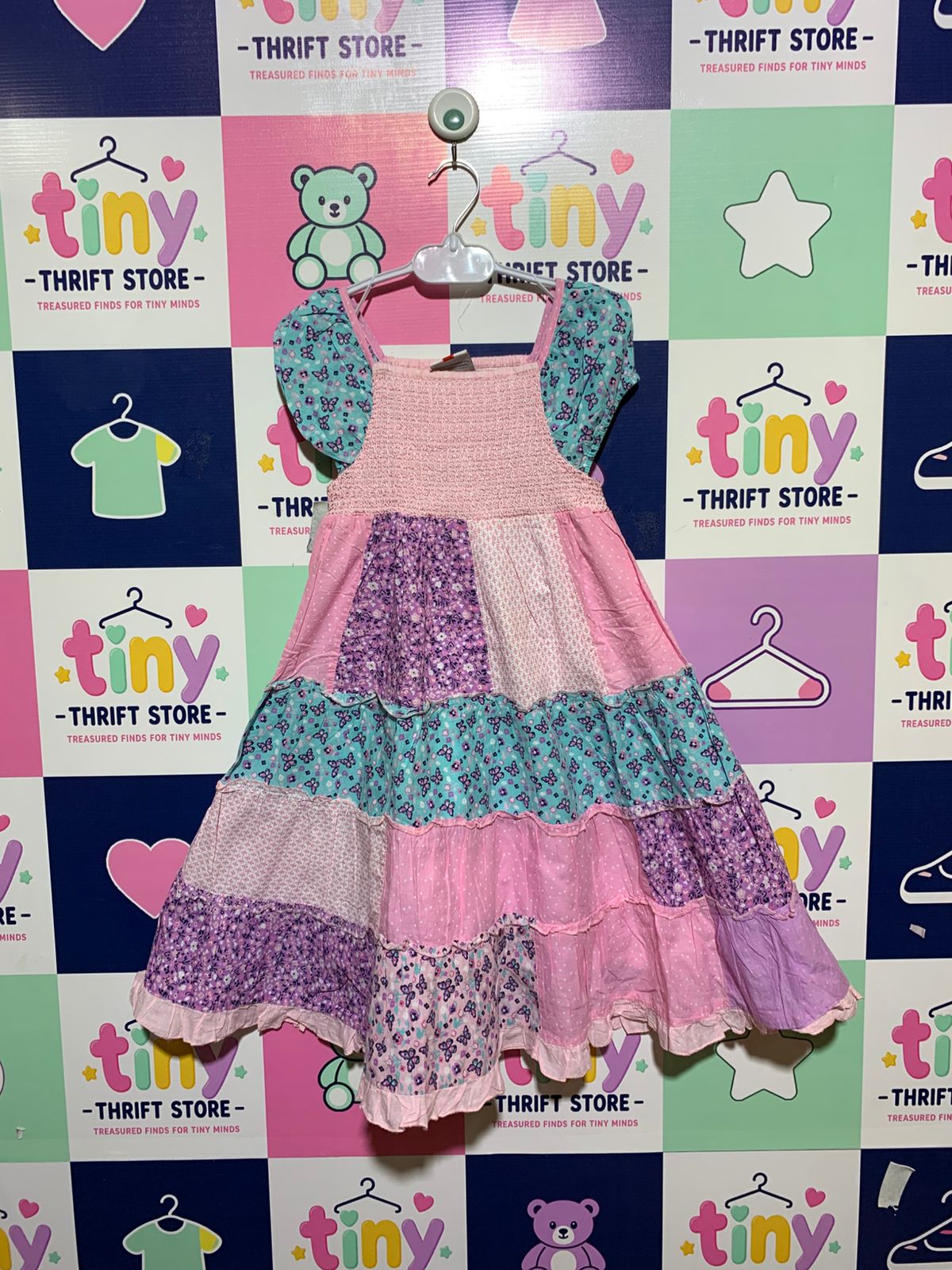 Topolino Girls Pink & Purple Patchwork Smocked Tiered Dress - Size Estimated Age 7 Years AB1