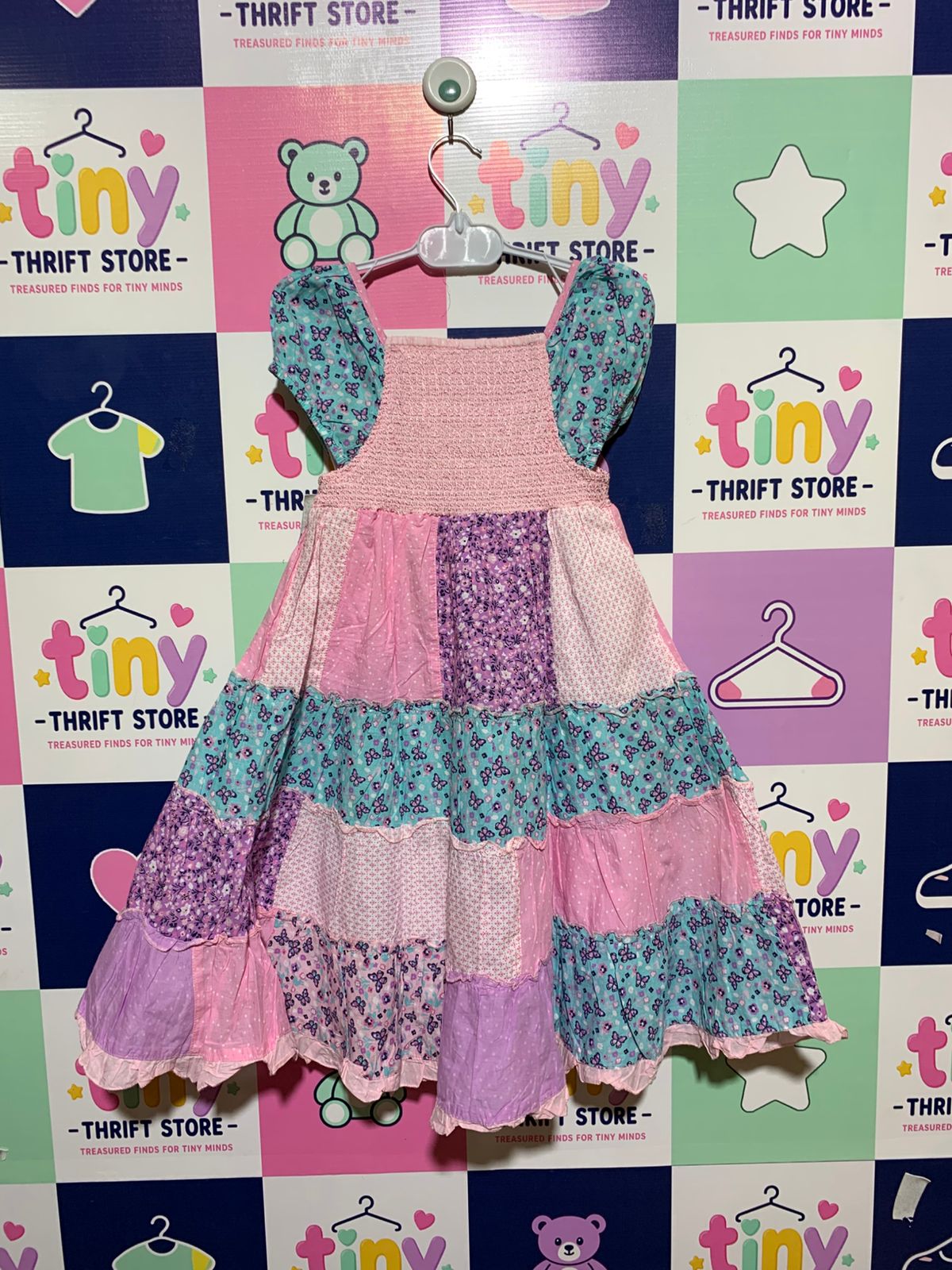 Topolino Girls Pink & Purple Patchwork Smocked Tiered Dress - Size Estimated Age 7 Years AB1