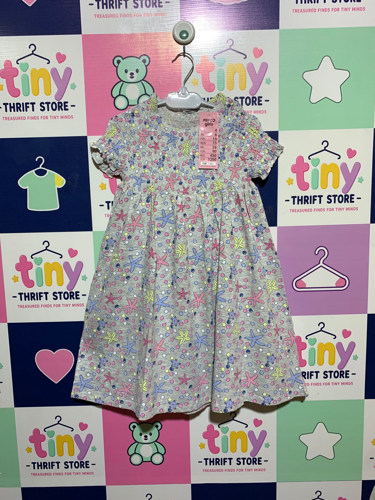 Little Kids Girls Grey "Starfish & Bubbles" Smocked Jersey Dress - Size Estimated Age 7–8 Years AB1