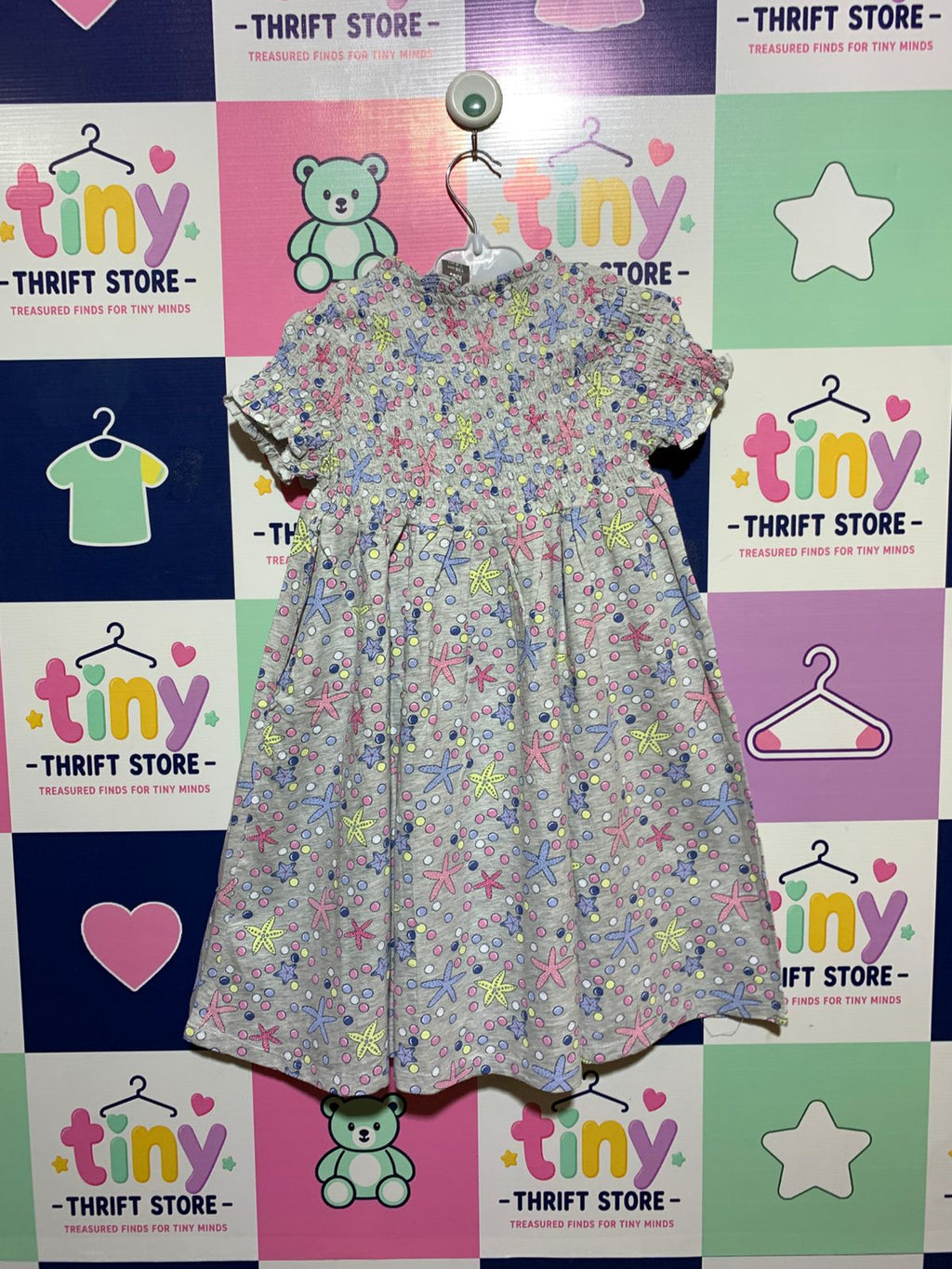 Little Kids Girls Grey "Starfish & Bubbles" Smocked Jersey Dress - Size Estimated Age 7–8 Years AB1