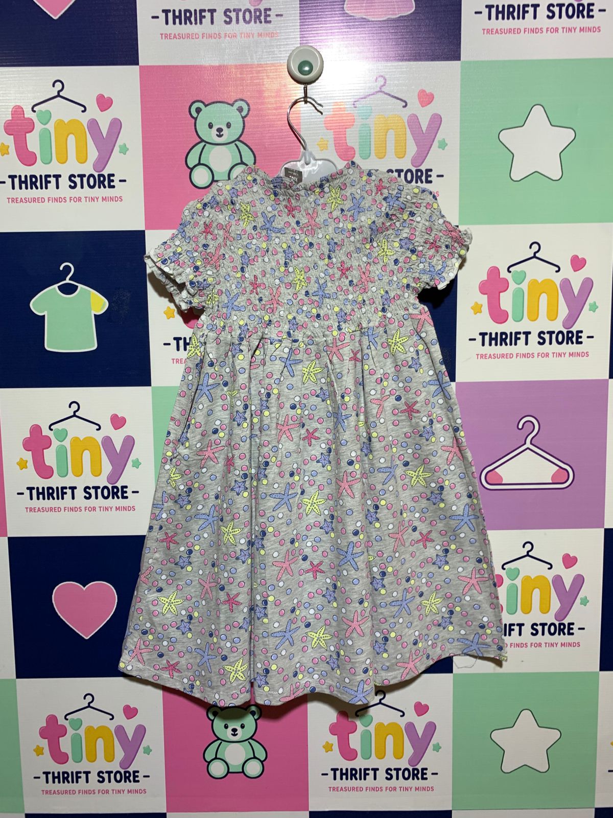Little Kids Girls Grey "Starfish & Bubbles" Smocked Jersey Dress - Size Estimated Age 7–8 Years AB1