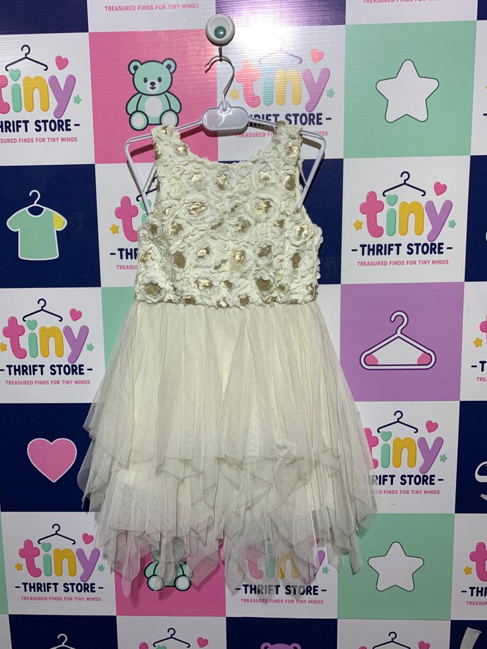 Justice Girls Cream Rosette Gold Sequin Tiered Dress - Size Estimated Age 7 Years AB1