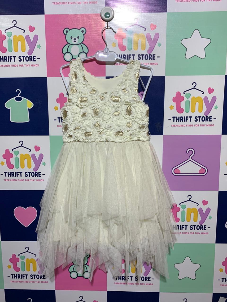 Justice Girls Cream Rosette Gold Sequin Tiered Dress - Size Estimated Age 7 Years AB1