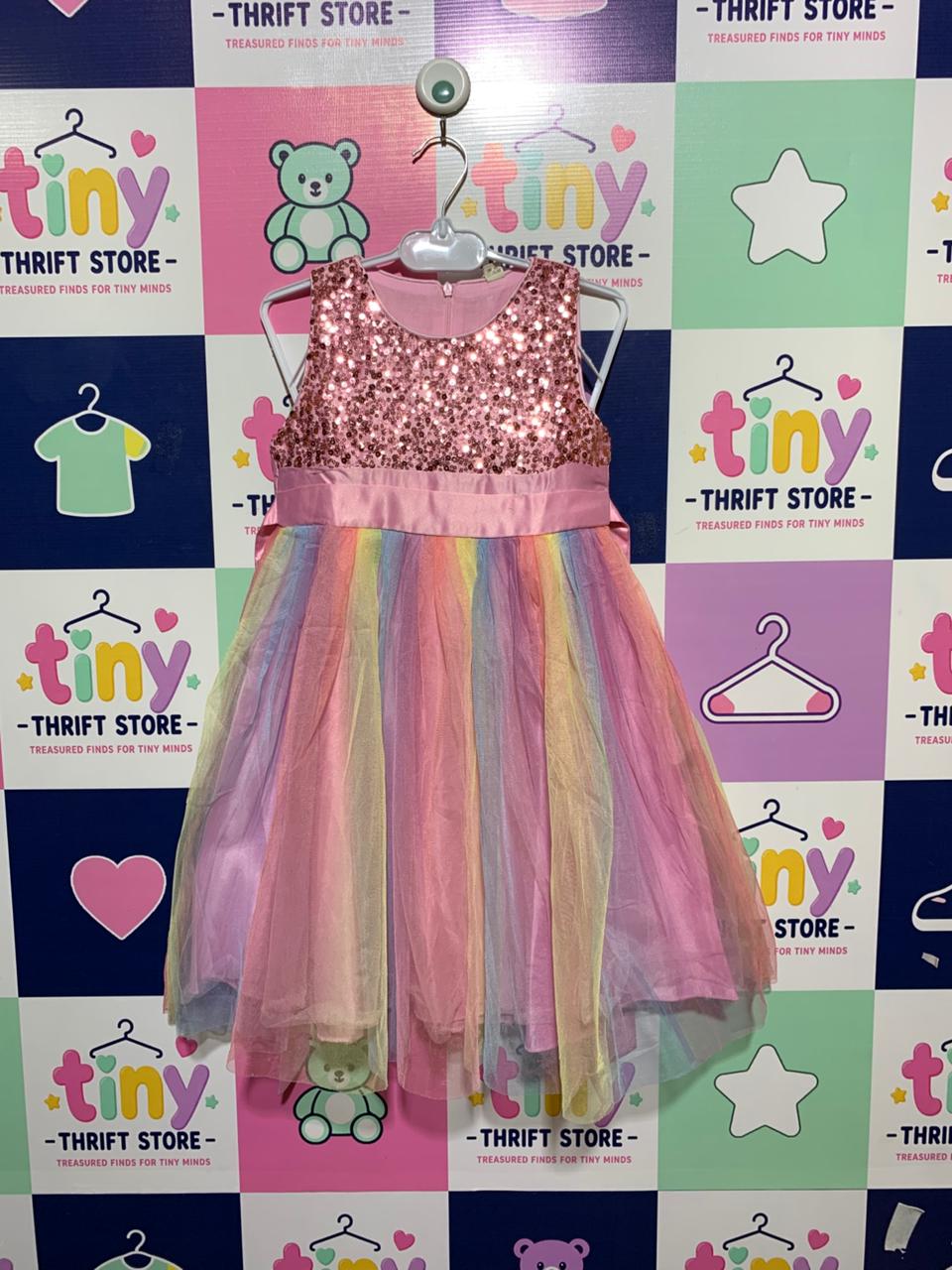 Girls Pink Sequin Bodice Rainbow Tulle Party Dress - Size Estimated Age 8 Years AB1