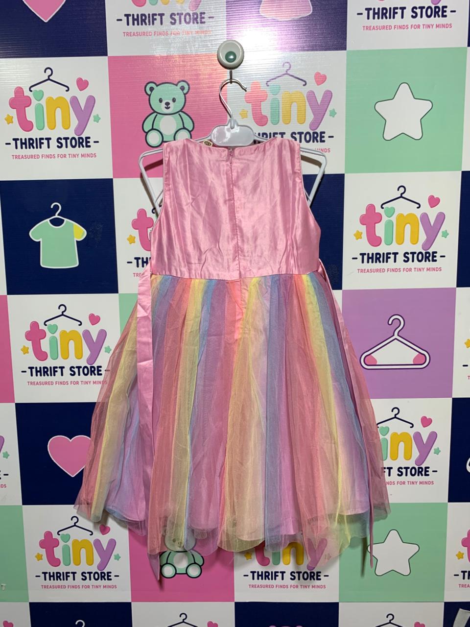 Girls Pink Sequin Bodice Rainbow Tulle Party Dress - Size Estimated Age 8 Years AB1
