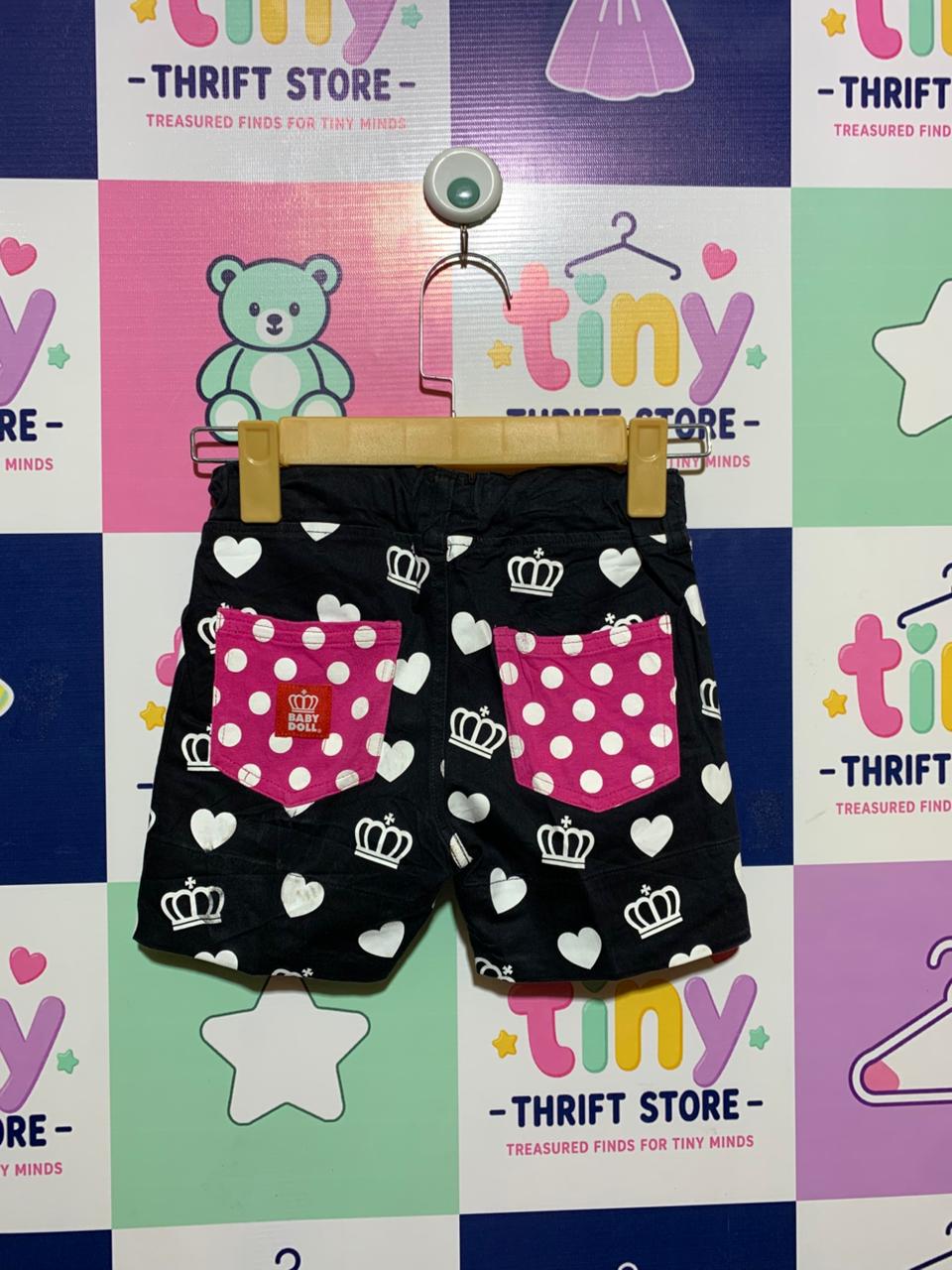 Baby Doll Kids Black Hearts & Crowns Graphic Shorts - Size Estimated Age 6–7 Years AB1