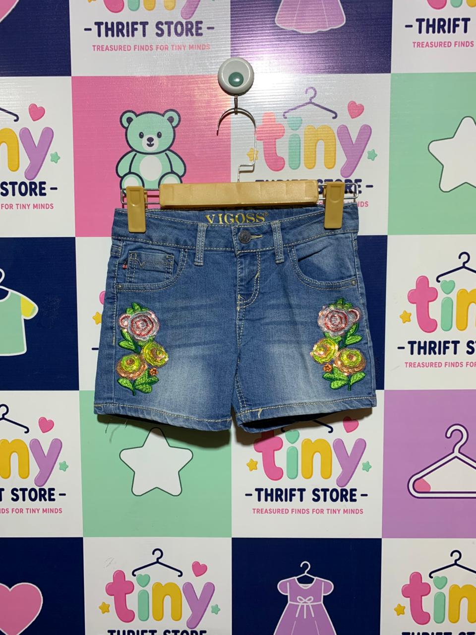 Vigoss Girls Medium Wash Floral Sequin Embroidered Denim Shorts - Size Estimated Age 8 Years AB1