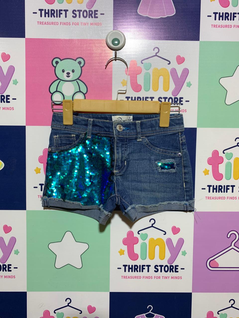 Jordache Girls Medium Wash Turquoise Sequin Denim Shorts - Size Estimated Age 7 Years AB1
