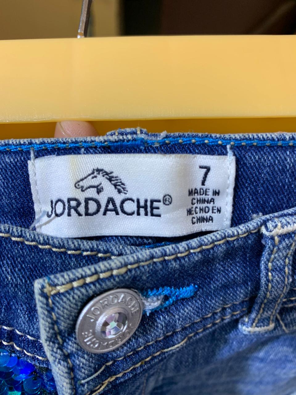 Jordache Girls Medium Wash Turquoise Sequin Denim Shorts - Size Estimated Age 7 Years AB1