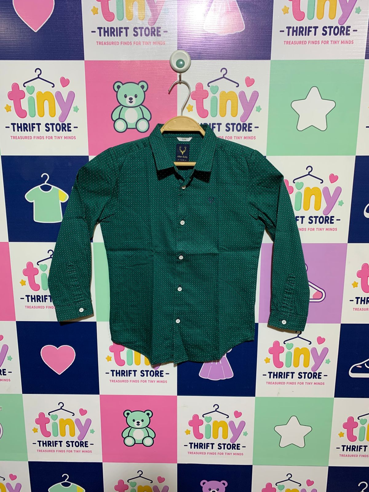 Allen Solly Boys Dark Green Geometric Print Slim-Fit Long-Sleeve Shirt - Size Estimated Age 7-8 Years AB1