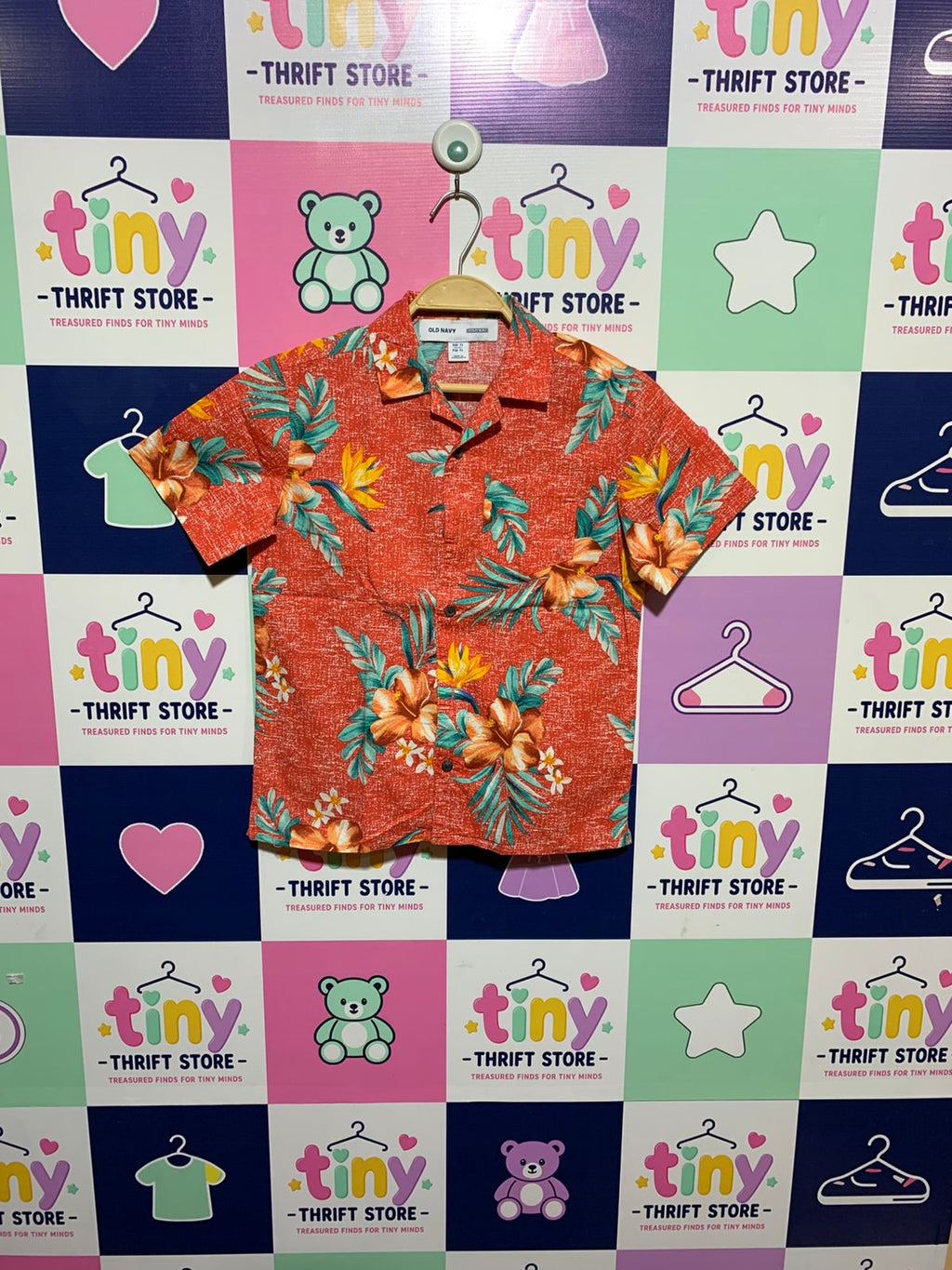 Old Navy Boys Tropical Floral "Built-in Flex" Short-Sleeve Button-Down Shirt - Size Estimated Age 6-7 Years AB1