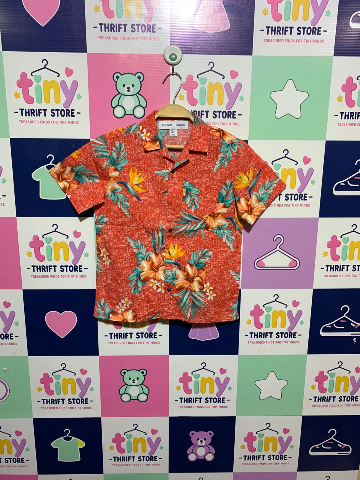 Old Navy Boys Tropical Floral "Built-in Flex" Short-Sleeve Button-Down Shirt - Size Estimated Age 6-7 Years AB1