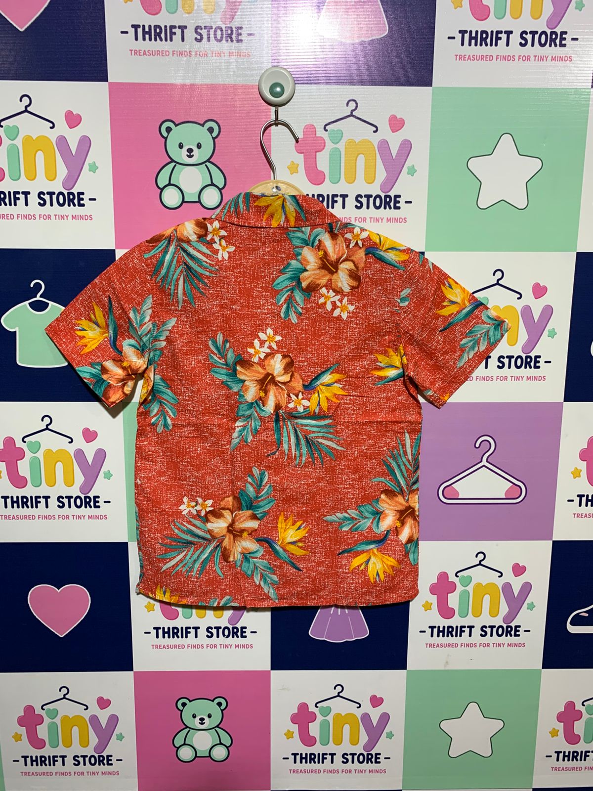 Old Navy Boys Tropical Floral "Built-in Flex" Short-Sleeve Button-Down Shirt - Size Estimated Age 6-7 Years AB1