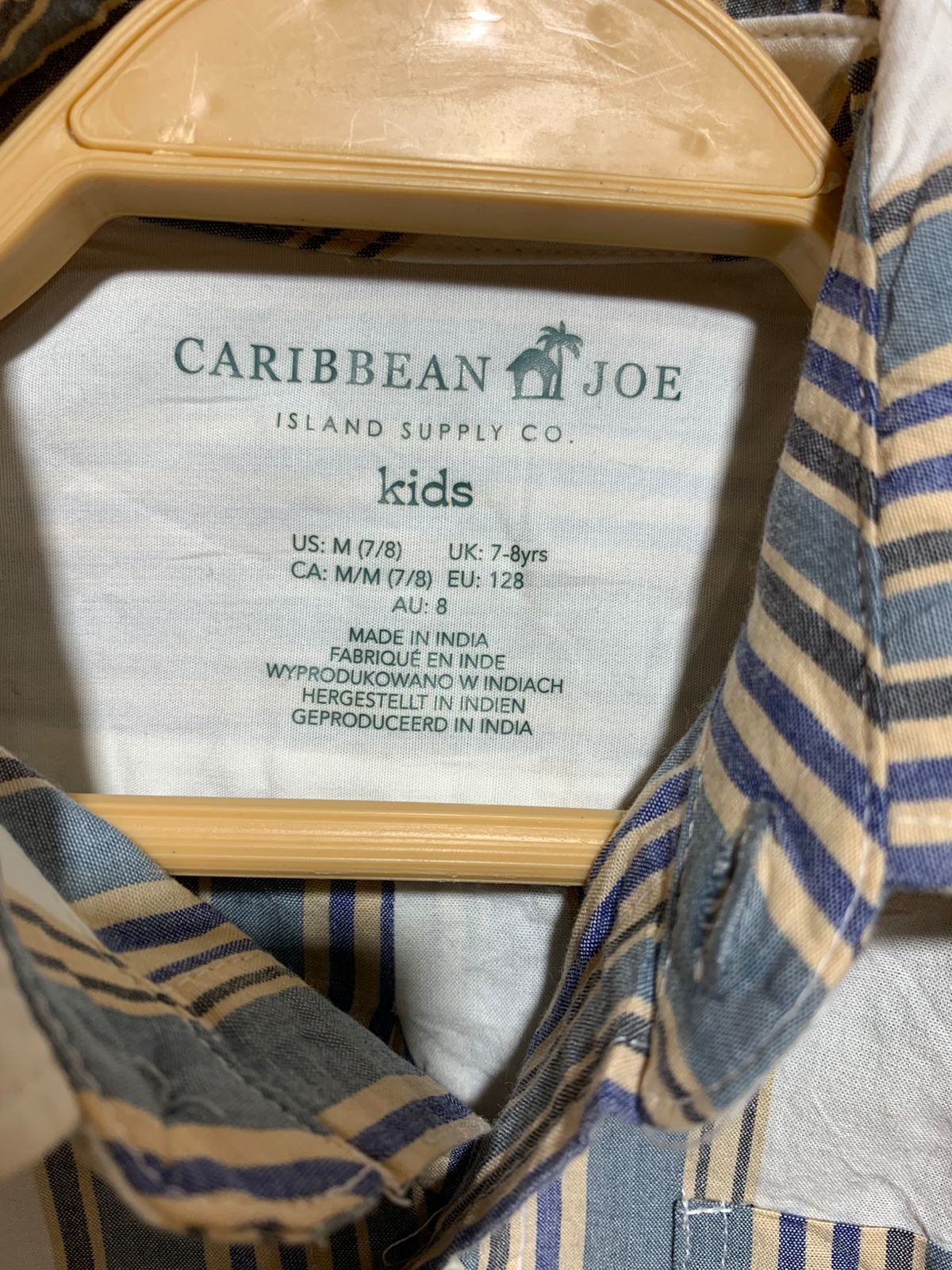 Caribbean Joe Boys Blue and Tan Striped Short-Sleeve Button-Down Shirt - Size 7/8 (Age 7-8yrs) AB1