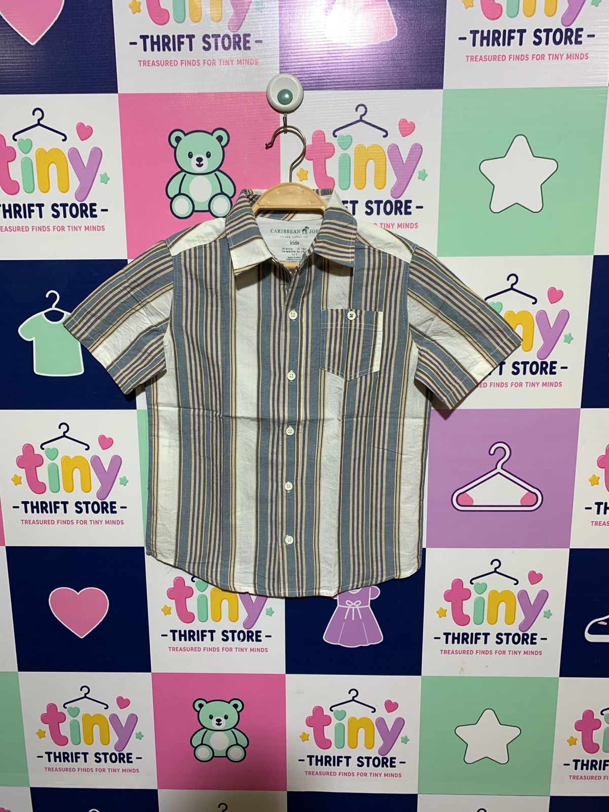 Caribbean Joe Boys Blue and Tan Striped Short-Sleeve Button-Down Shirt - Size 7/8 (Age 7-8yrs) AB1
