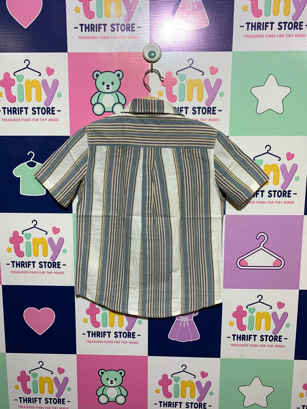 Caribbean Joe Boys Blue and Tan Striped Short-Sleeve Button-Down Shirt - Size 7/8 (Age 7-8yrs) AB1