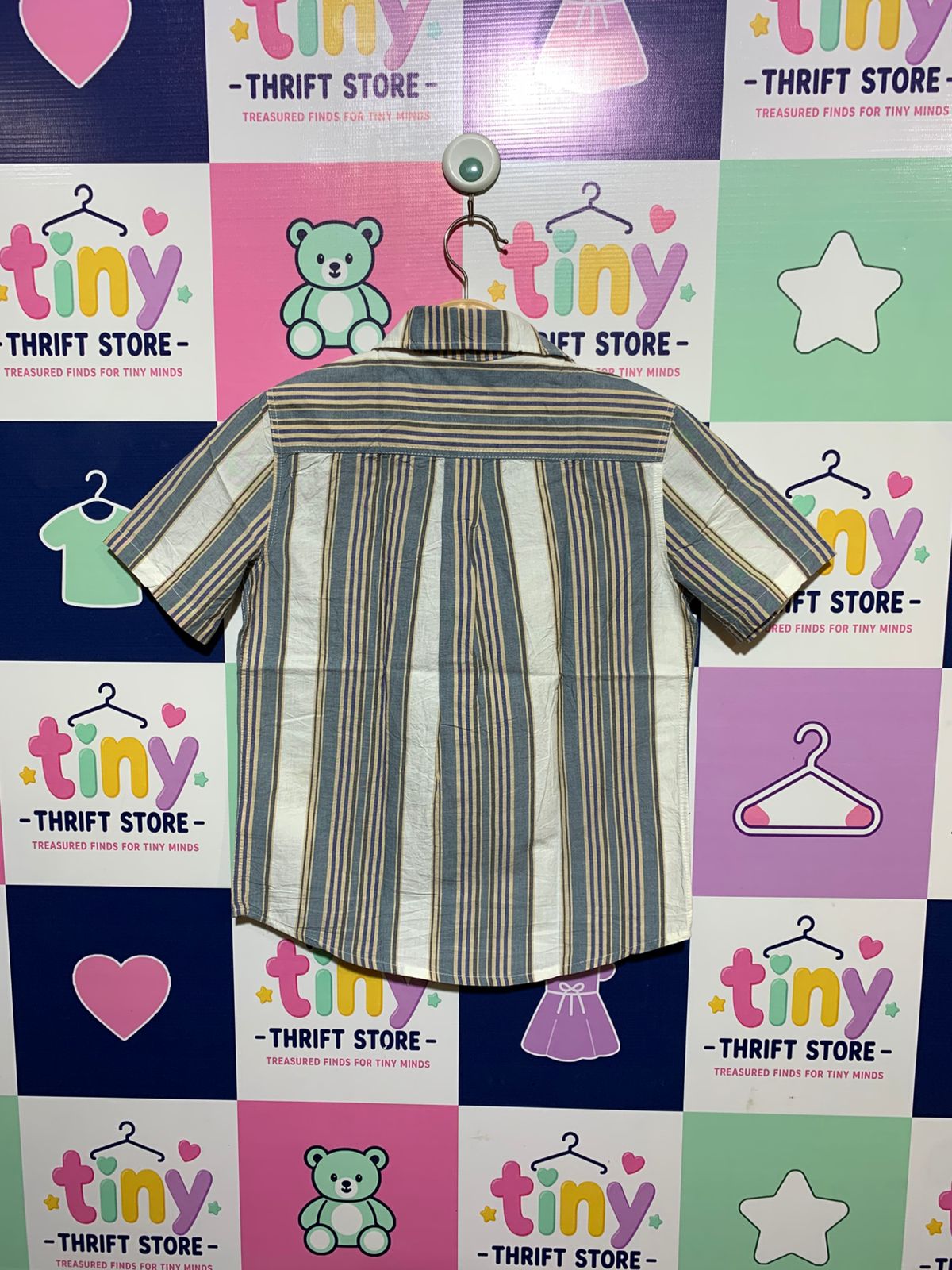 Caribbean Joe Boys Blue and Tan Striped Short-Sleeve Button-Down Shirt - Size 7/8 (Age 7-8yrs) AB1