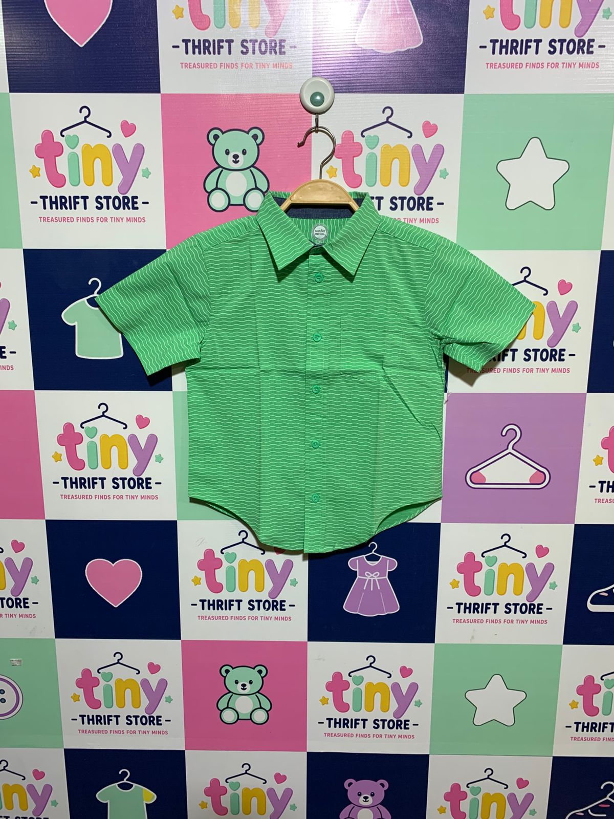 Wonder Nation Boys "Plastic Green" Wavy Stripe Short-Sleeve Button-Down Shirt - Size 6-7 (Age 6-7yrs) AB1