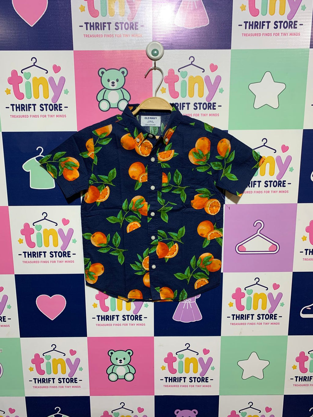 Old Navy Boys Navy Blue Tropical Citrus "Built-In Flex" Button-Down Shirt - Size S (6-7) AB1