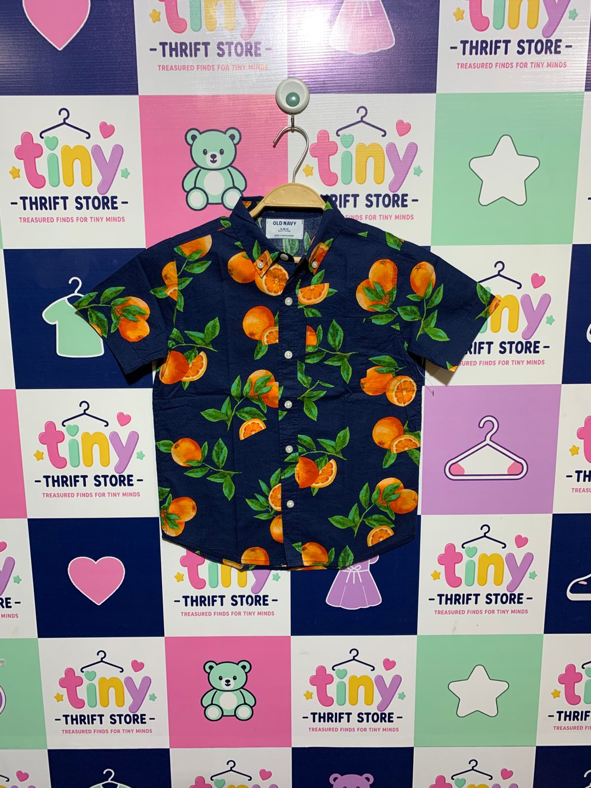 Old Navy Boys Navy Blue Tropical Citrus "Built-In Flex" Button-Down Shirt - Size S (6-7) AB1
