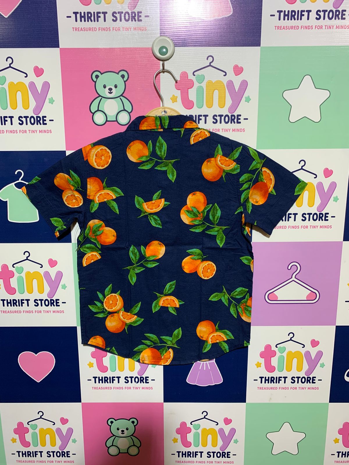 Old Navy Boys Navy Blue Tropical Citrus "Built-In Flex" Button-Down Shirt - Size S (6-7) AB1