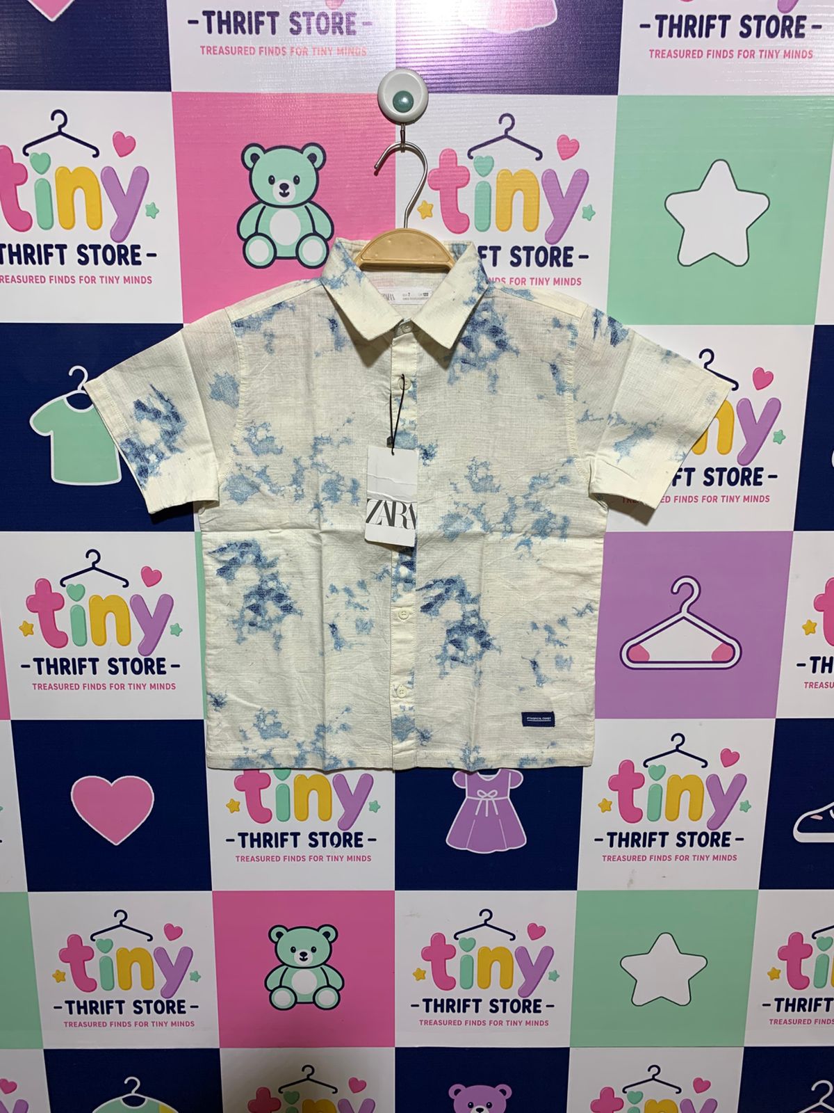 Zara Boys Off-White & Blue Tie-Dye Effect Linen Blend Shirt - Size 7 (Age 7yrs) AB1