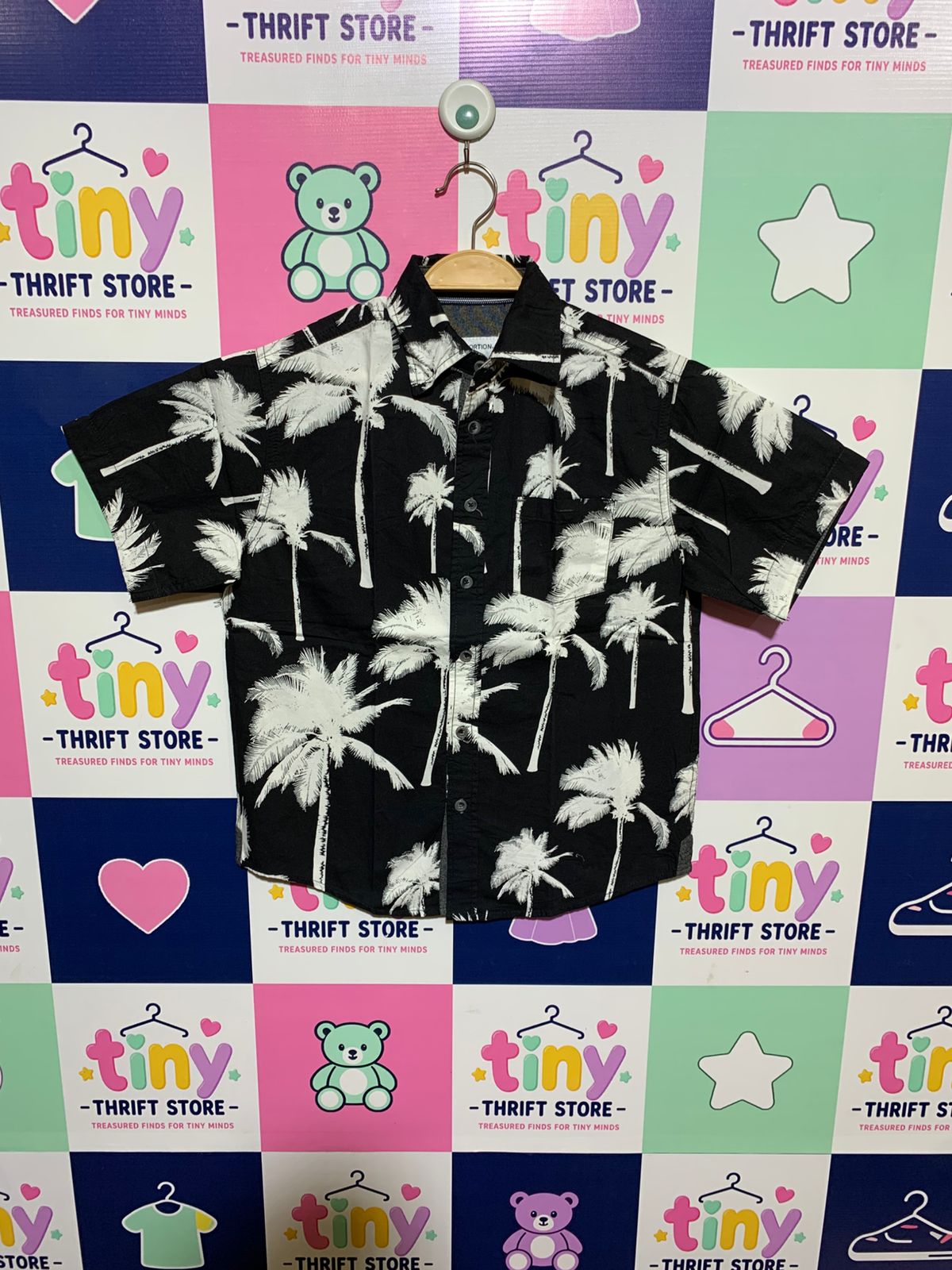 Distortion Boys Black "Monochrome Palms" Tropical Short Sleeve Button-Down - Size 8 AB1