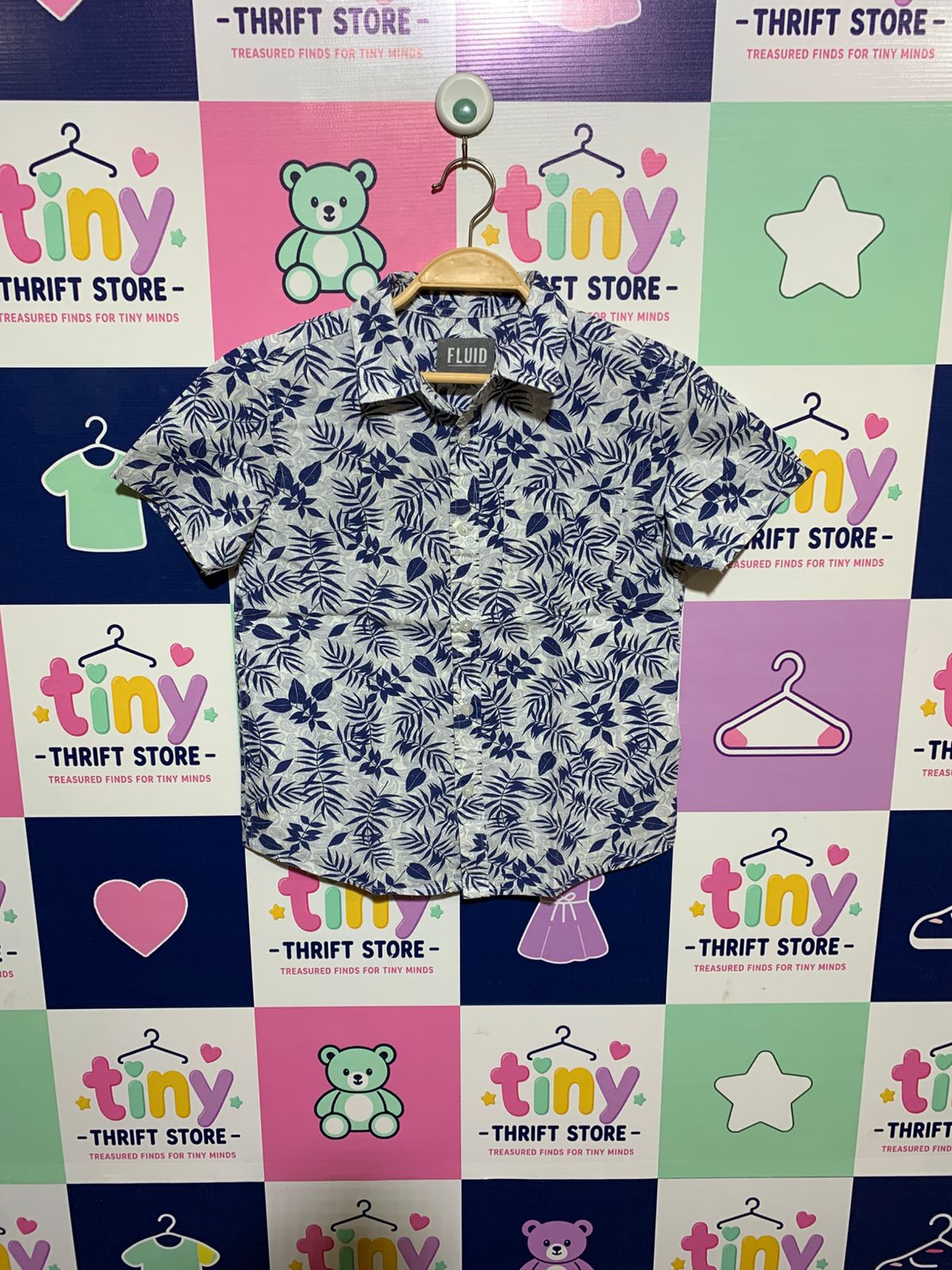Fluid Boys White & Navy "Botanical Fern" Short Sleeve Button-Down - Size 7-8 Years AB1