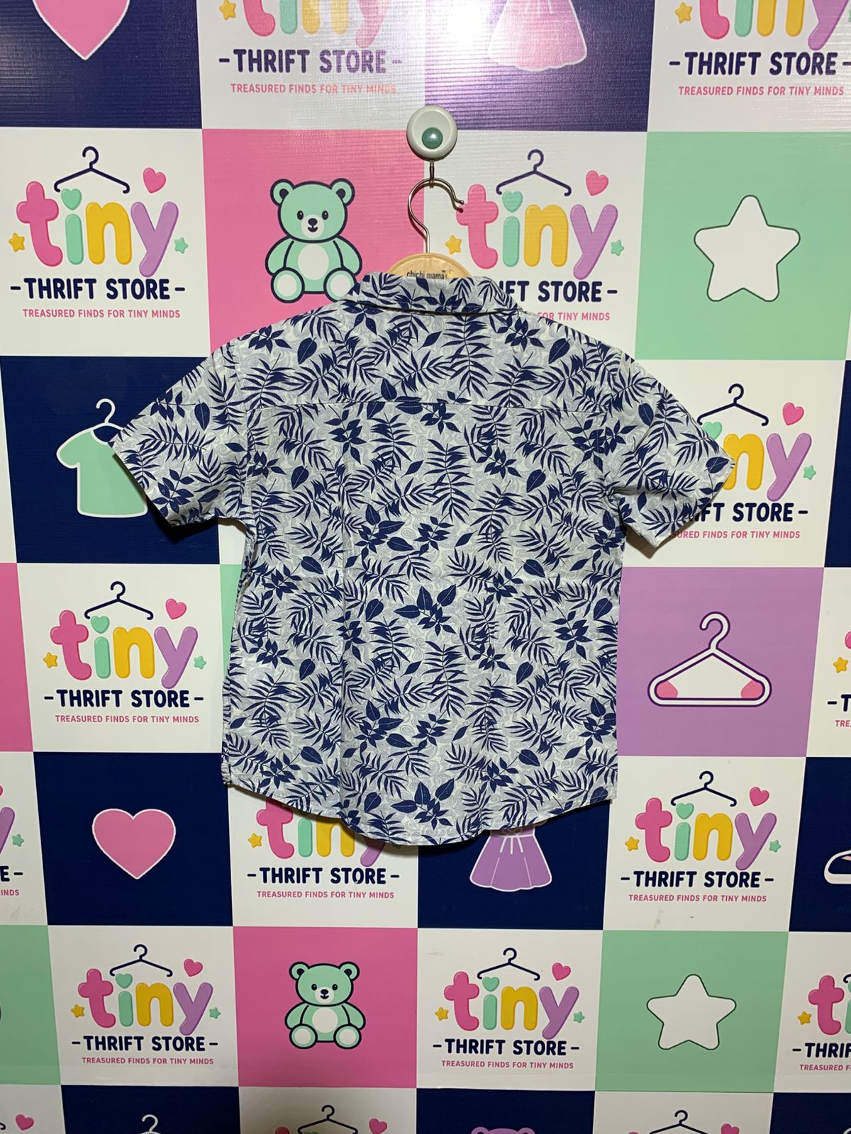 Fluid Boys White & Navy "Botanical Fern" Short Sleeve Button-Down - Size 7-8 Years AB1